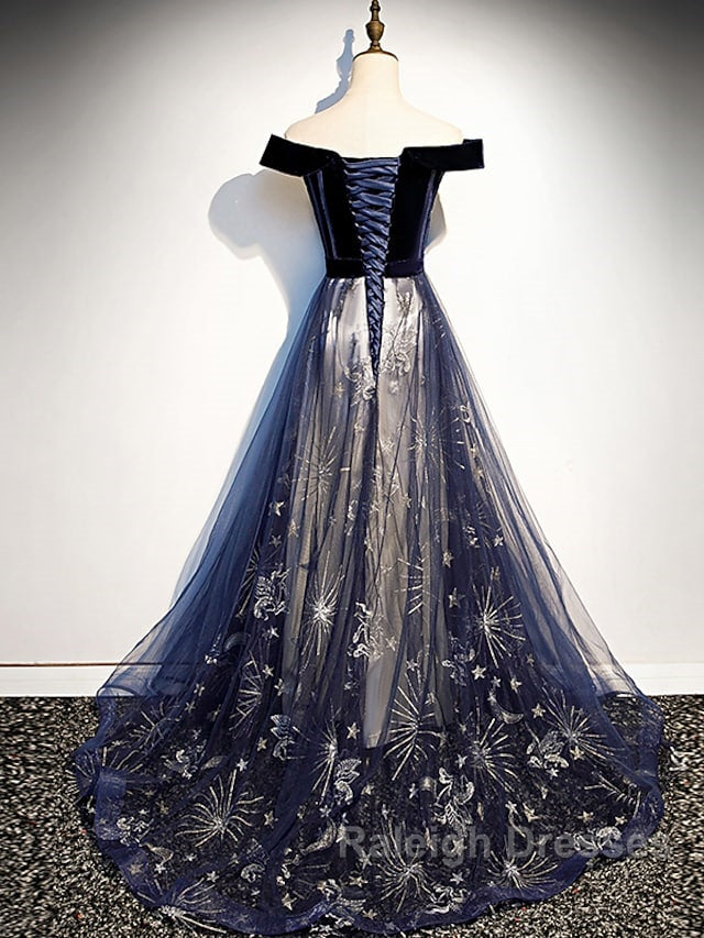 A-Line Elegant Floral Prom Dresses Off Shoulder Short Sleeve Sweep / Brush Train Tulle With Pleats Pattern / Print