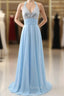 A Line Prom Dress Sexy Sleeveless Deep V Neck Open Back Sweep