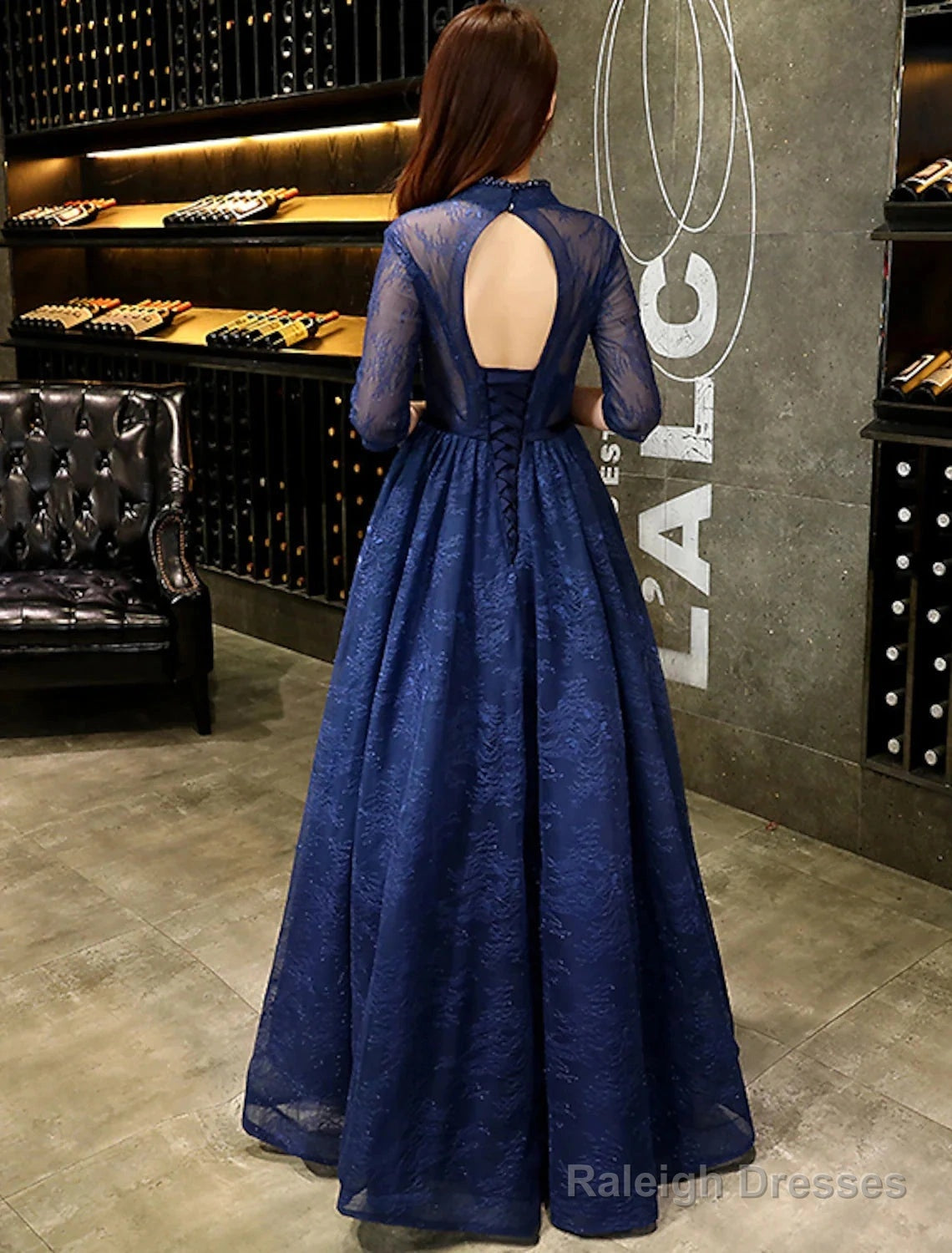 A-Line Evening Gown Beautiful Back Dress Wedding Guest Floor Length Half Sleeve V Neck Lace With Beading Secondary image