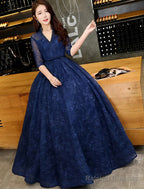A-Line Evening Gown Beautiful Back Dress Wedding Guest Floor Length Half Sleeve V Neck Lace With Beading