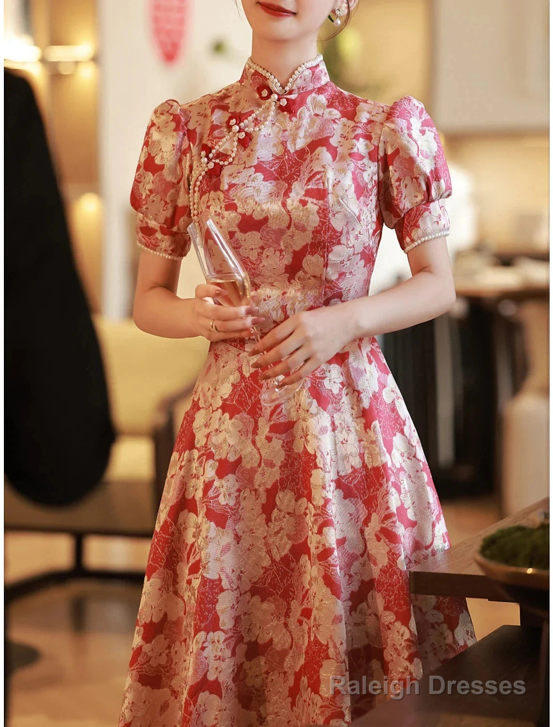 A-Line Evening Gown Chinese Style Dress Engagement Floor Length Half Sleeve Stand Collar Satin With Pearls Strappy