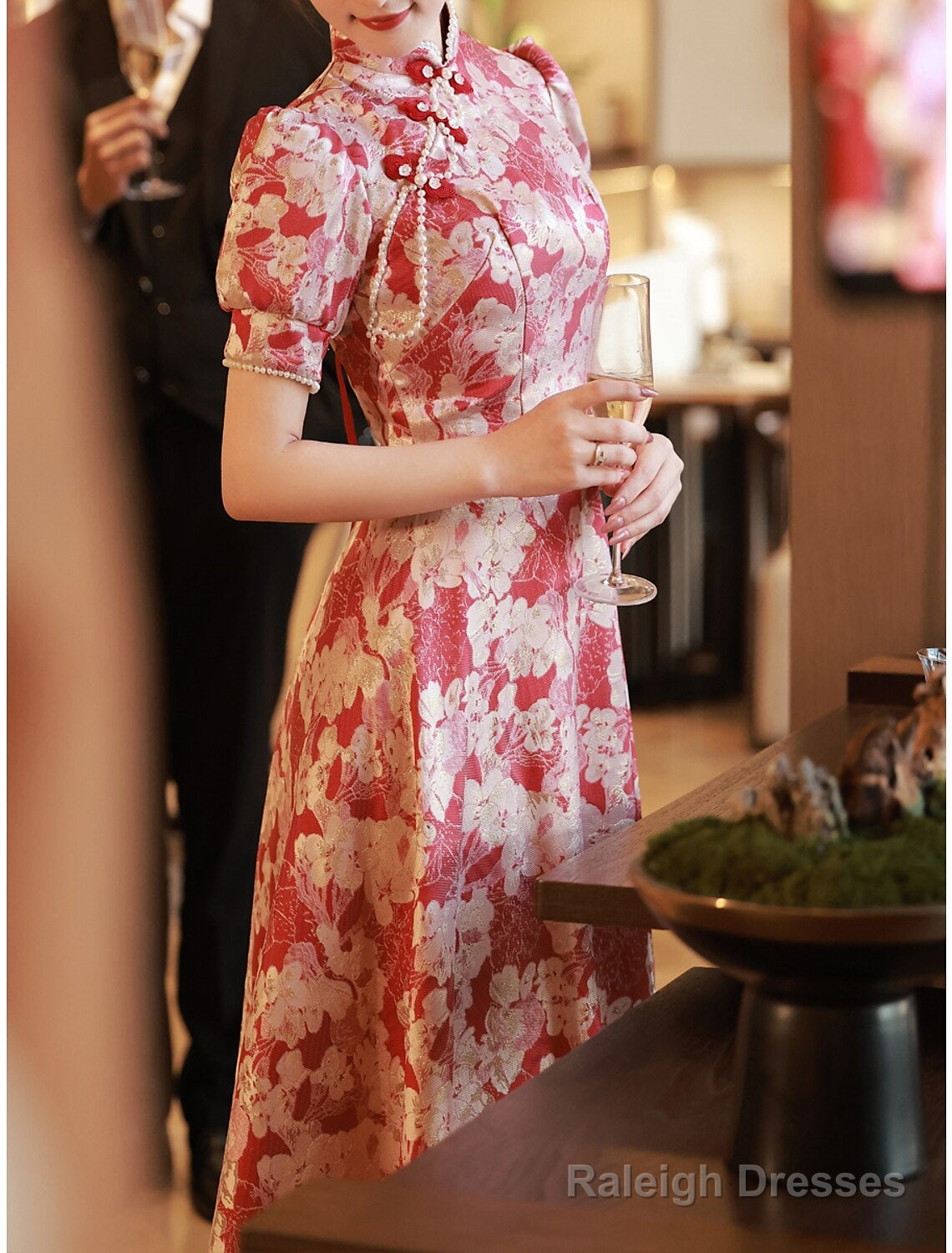 A-Line Evening Gown Chinese Style Dress Engagement Floor Length Half Sleeve Stand Collar Satin With Pearls Strappy