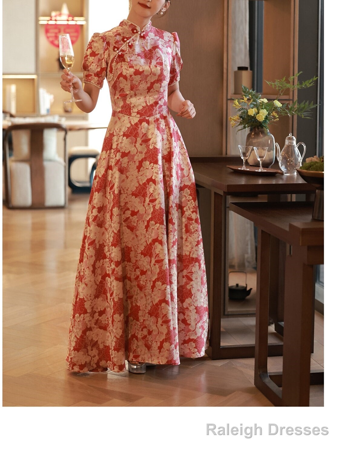 A-Line Evening Gown Chinese Style Dress Engagement Floor Length Half Sleeve Stand Collar Satin With Pearls Strappy