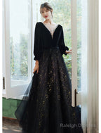 A-Line Evening Gown Dress Wedding Floor Length Long Sleeve V Neck Satin With Crystals Sequin