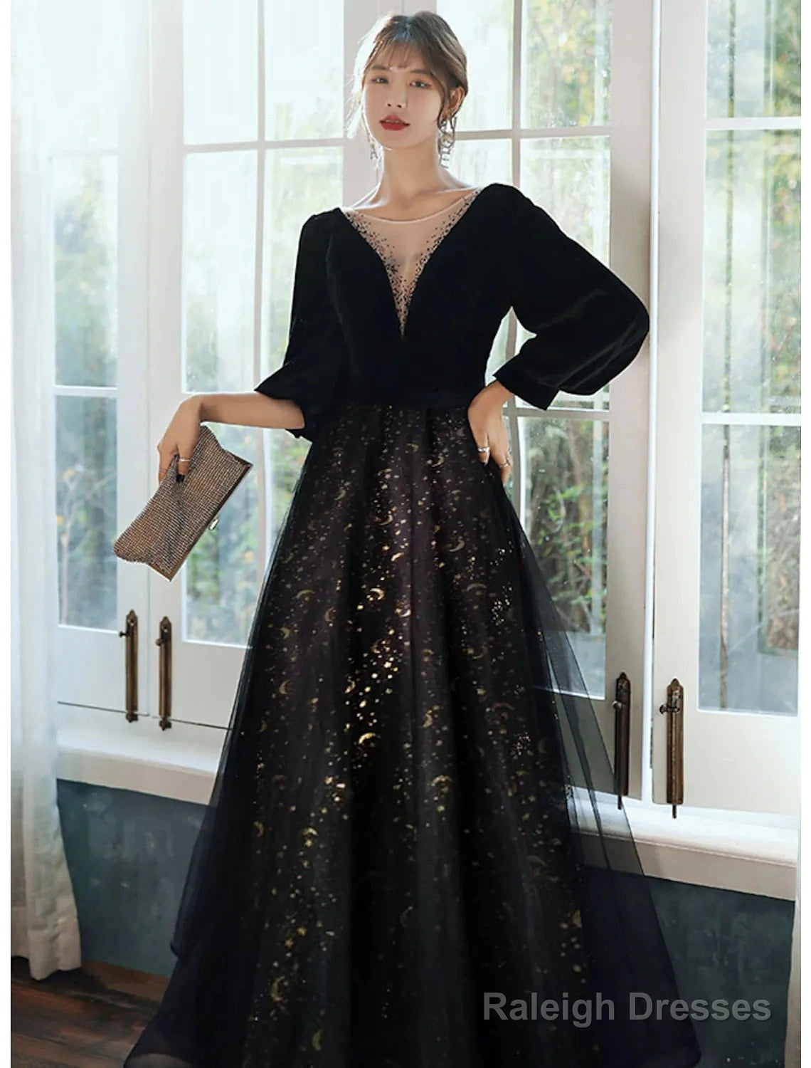 A-Line Evening Gown Dress Wedding Floor Length Long Sleeve V Neck Satin With Crystals Sequin Main image