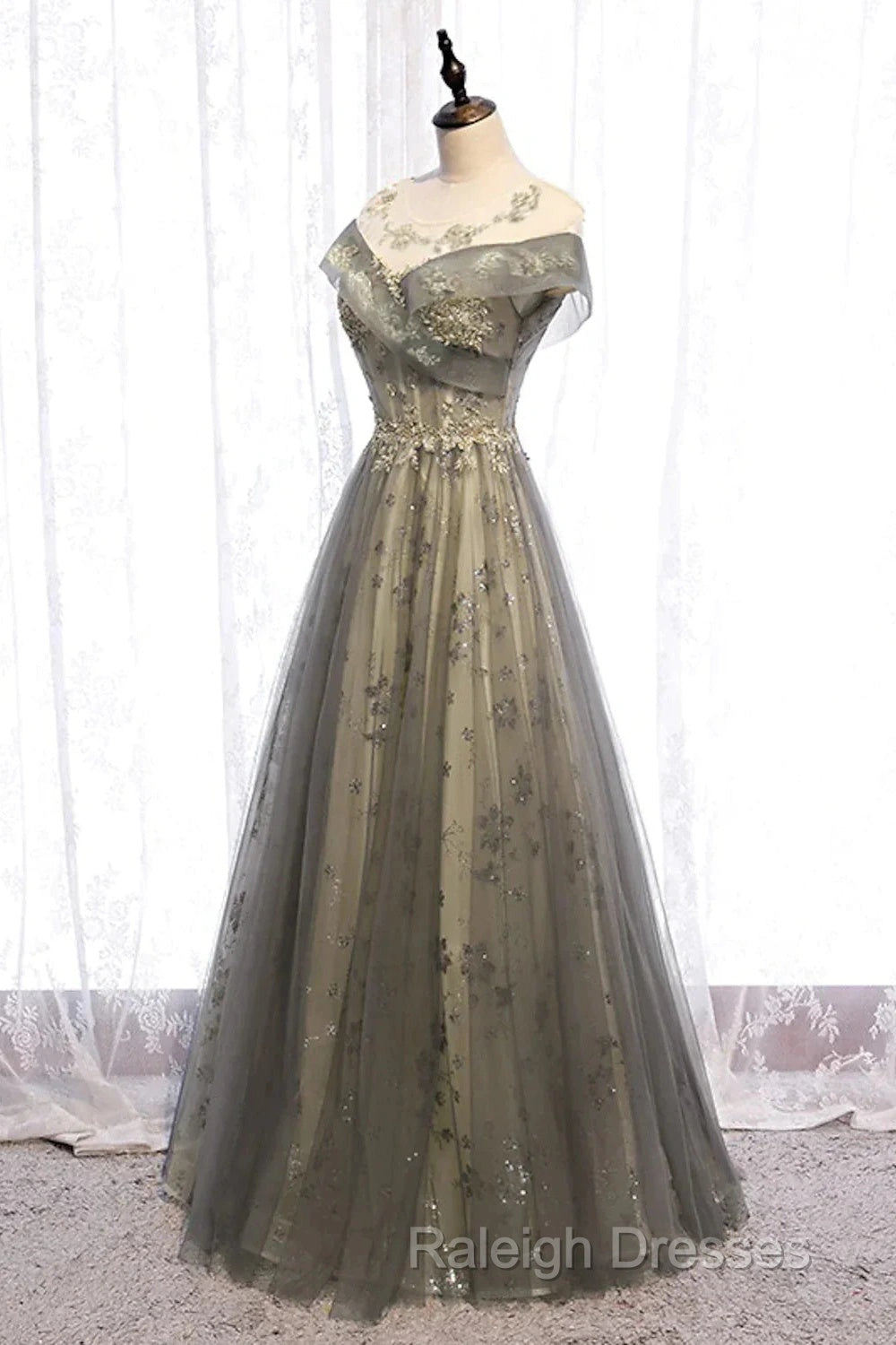 A-Line Evening Gown Elegant Dress Wedding Floor Length Short Sleeve Tulle With Pleats