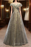 A-Line Prom Gown Elegant Dresses Wedding Guest Engagement Floor Length Short Sleeve Illusion Neck Tulle With Pleats