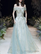 A-Line Prom Gowns Elegant Dresses Wedding Guest Engagement Floor Length Short Sleeve Off Shoulder Tulle With Sequin