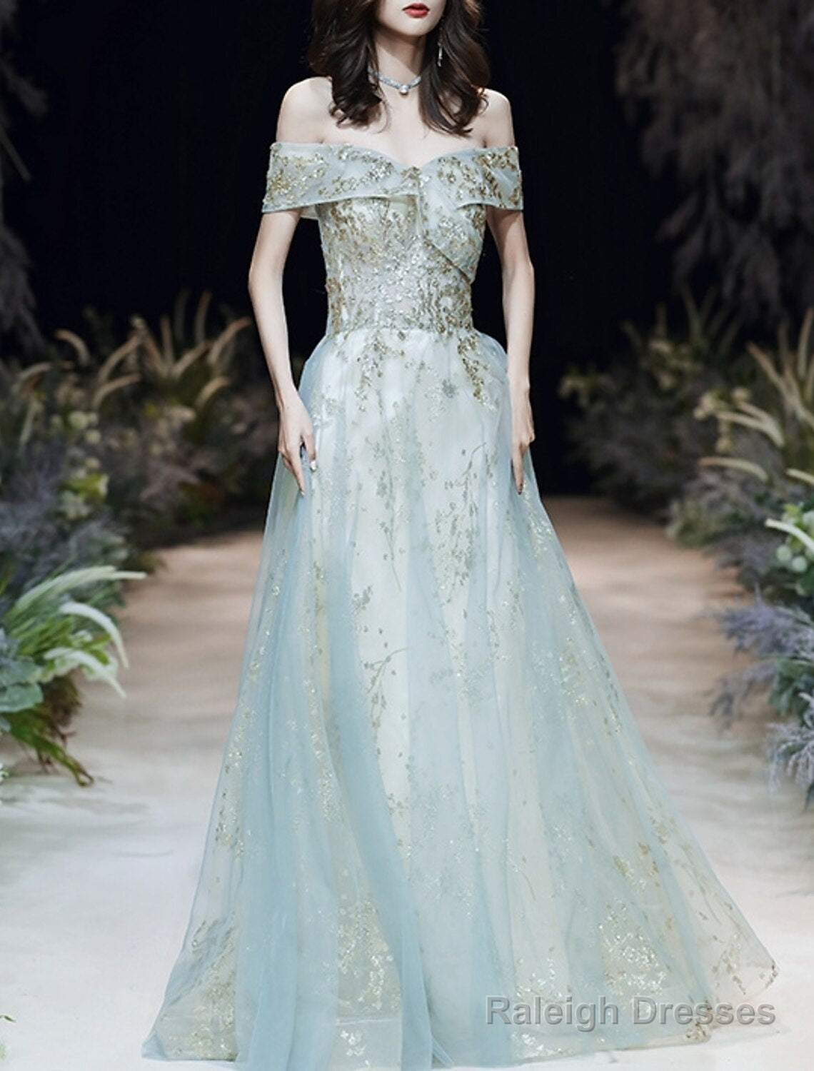 A-Line Prom Gowns Elegant Dresses Wedding Guest Engagement Floor Length Short Sleeve Off Shoulder Tulle With Sequin