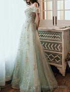 A-Line Prom Gowns Elegant Dresses Wedding Guest Engagement Floor Length Short Sleeve Off Shoulder Tulle With Sequin