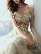 A-Line Evening Gown Elegant Dress Wedding Guest Engagement Floor Length Short Sleeve Off Shoulder Tulle With Sequin