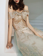 A-Line Evening Gown Elegant Dress Wedding Guest Engagement Floor Length Short Sleeve Off Shoulder Tulle With Sequin