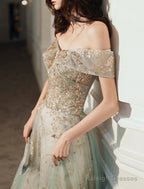 A-Line Evening Gown Elegant Dress Wedding Guest Engagement Floor Length Short Sleeve Off Shoulder Tulle With Sequin