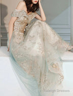 A-Line Prom Gowns Elegant Dresses Wedding Guest Engagement Floor Length Short Sleeve Off Shoulder Tulle With Sequin