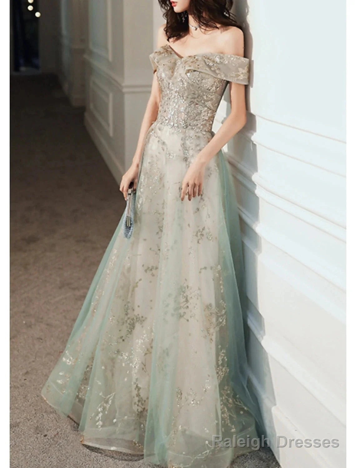 A-Line Prom Gowns Elegant Dresses Wedding Guest Engagement Floor Length Short Sleeve Off Shoulder Tulle With Sequin Main image