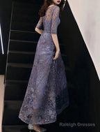 A-Line Evening Gown Elegant Dress Wedding Guest Formal Evening Floor Length Half Sleeve Jewel Neck Tulle With Embroidery Pattern / Print