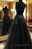 A Line Floor Length Black Tulle Lace Prom Dresses