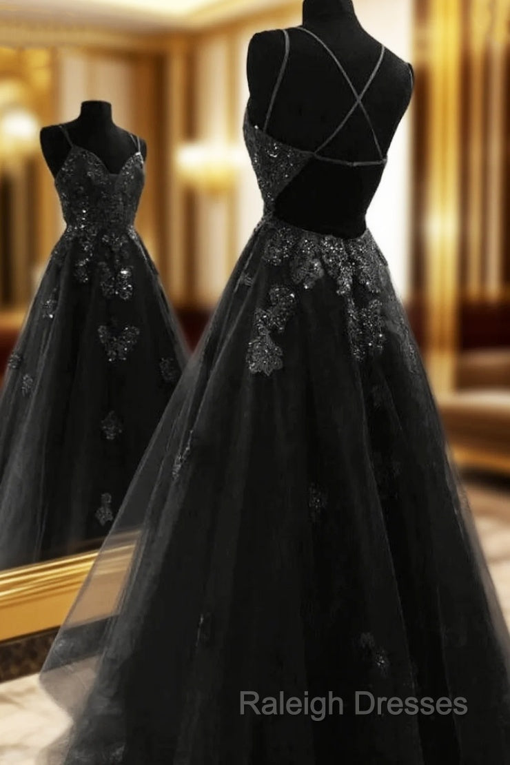A Line Floor Length Black Tulle Lace Prom Dresses Main image