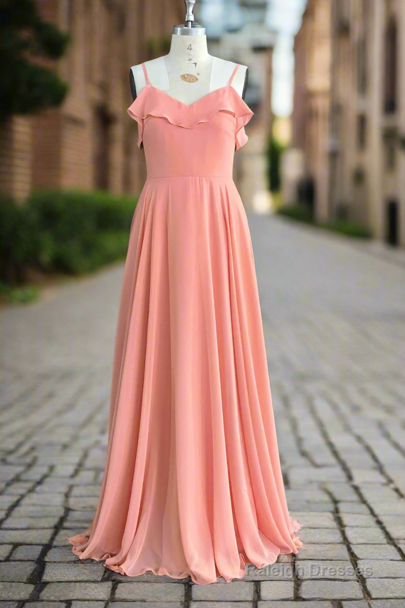 A Line Floor Length Spaghetti Straps Ruffles Long Bridesmaid Dresses