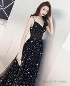A-Line Floor-Length Star Lace Beautiful Long Black Prom Dresses