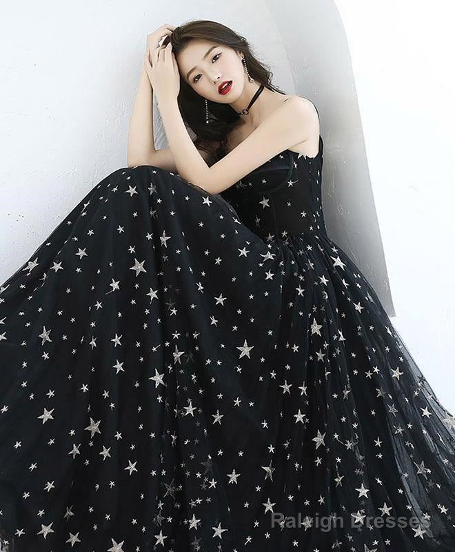 A-Line Floor-Length Star Lace Beautiful Long Black Prom Formal Dress