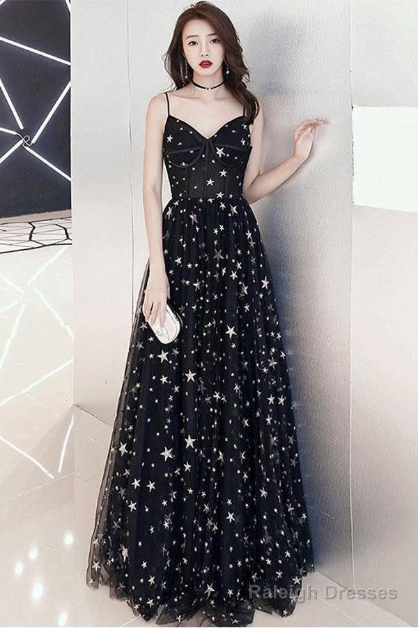 A-Line Floor-Length Star Lace Beautiful Long Black Prom Formal Dress Main image