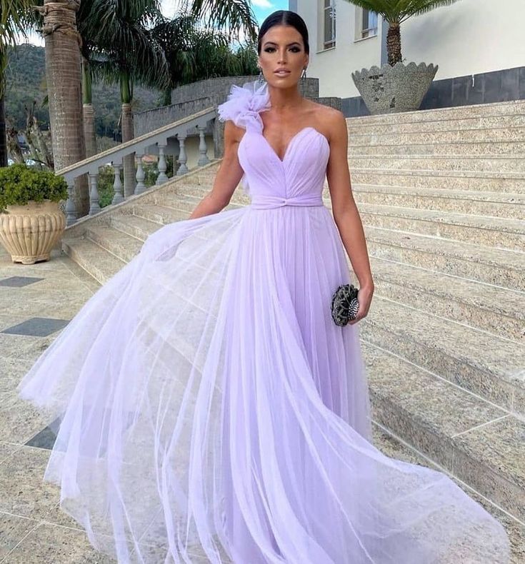 Light Purple A-Line Floor-Length Tulle Prom Dresses Long Prom Gowns Bridesmaid Dresses Secondary image