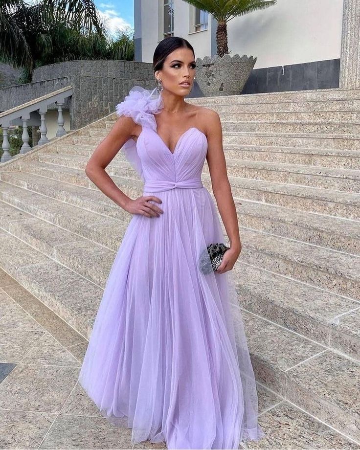 Light Purple A-Line Floor-Length Tulle Long Prom Dress Evening Gown Bridesmaid Dress
