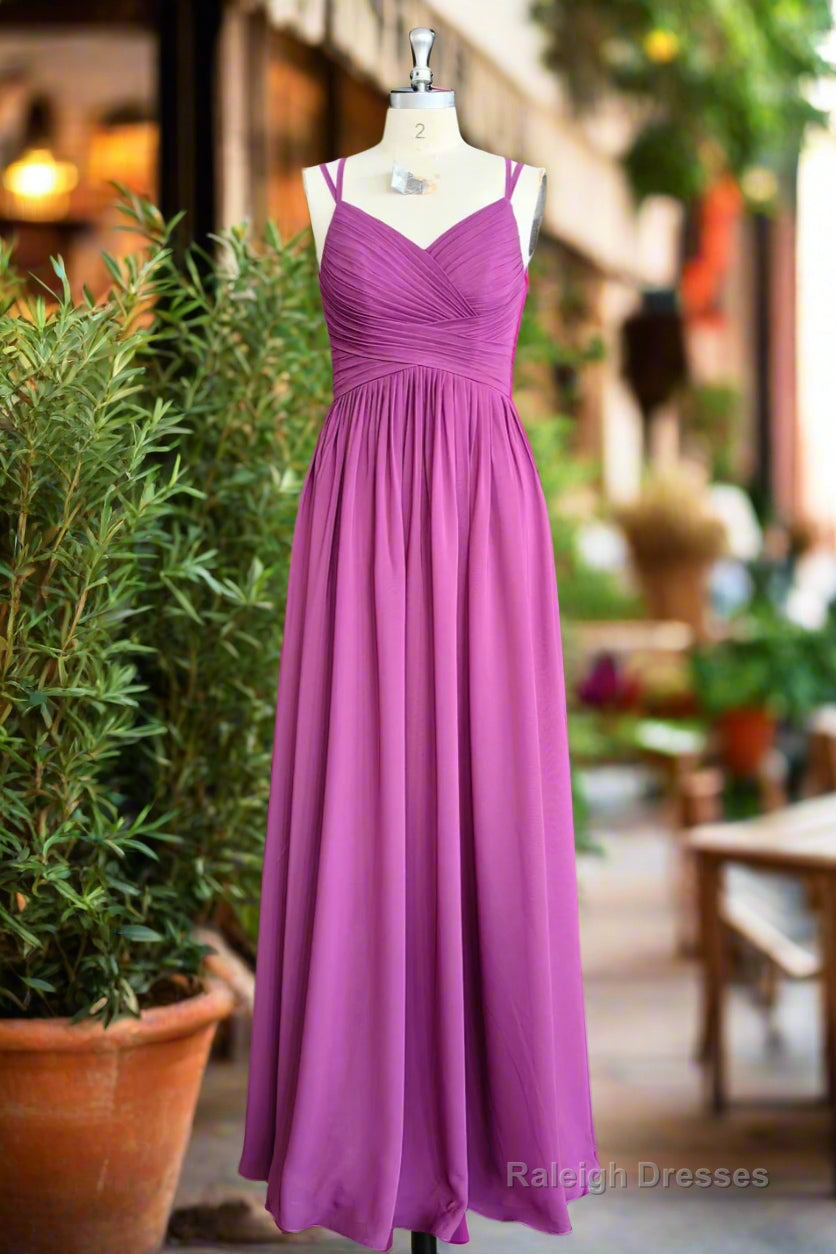 A Line Floor Length V Neck Spaghetti Straps Pleating Long Chiffon/Lace Bridesmaid Dresses