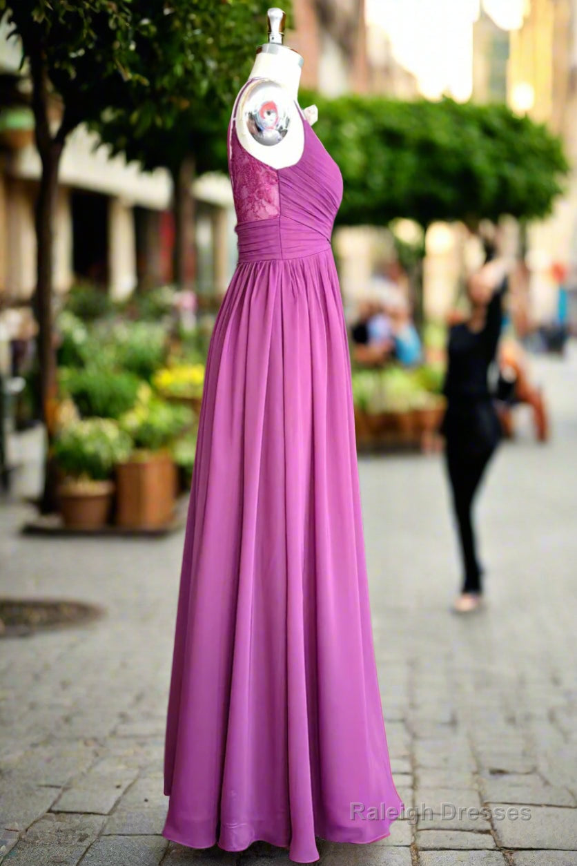 A Line Floor Length V Neck Spaghetti Straps Pleating Long Chiffon/Lace Bridesmaid Dresses