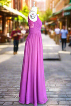 A Line Floor Length V Neck Spaghetti Straps Pleating Long Chiffon/Lace Bridesmaid Dresses