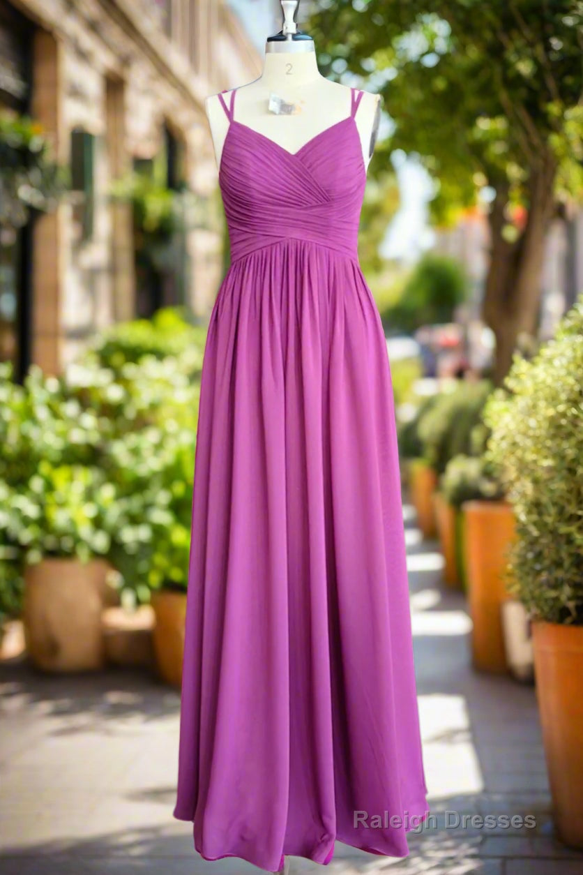 A Line Floor Length V Neck Spaghetti Straps Pleating Long Chiffon/Lace Bridesmaid Dresses Main image