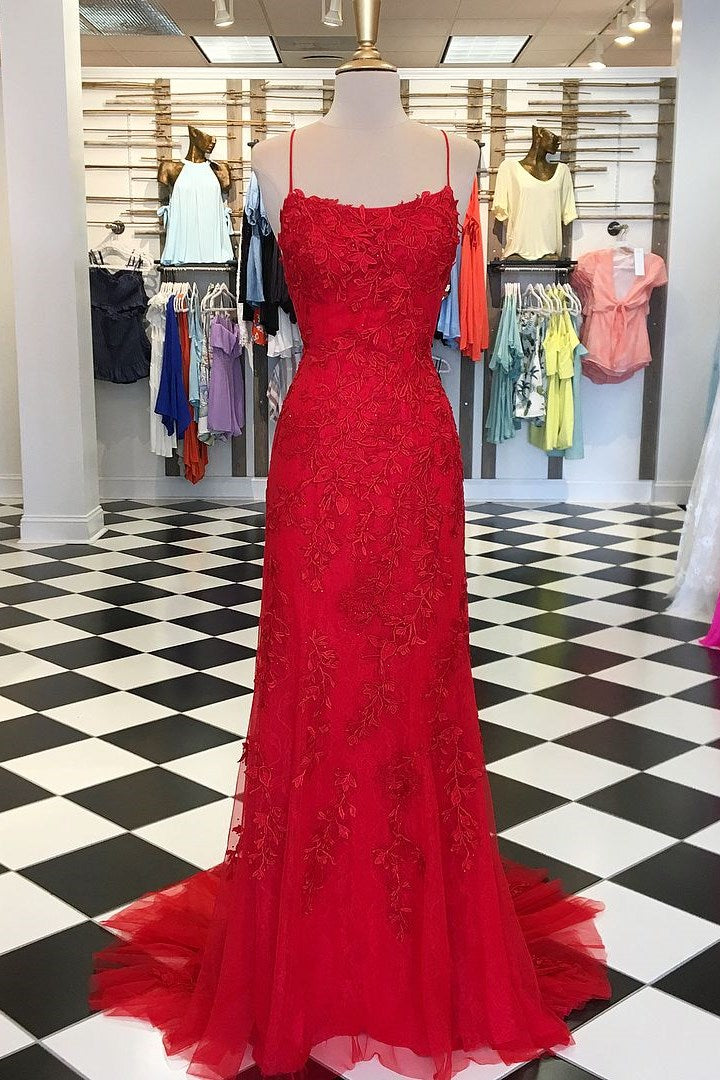 Red Floral Appliques Tulle Mermaid Long Prom Dresses