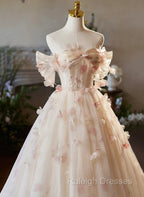 A-line Floral  Champagne Tulle Long Prom Dress, Elegant A-Line Formal Evening Dress