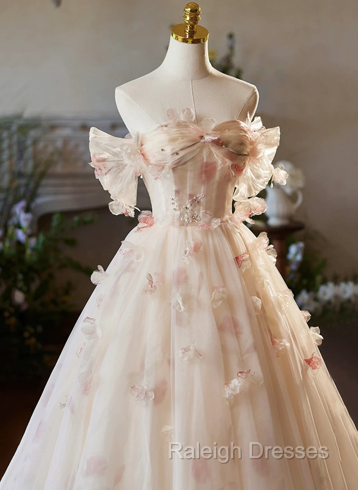 A Line Floral Champagne Tulle Long Prom Dress, Elegant A Line Formal Prom Dress Secondary image
