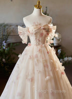 A Line Floral Champagne Tulle Long Prom Dress, Elegant A Line Formal Prom Dress