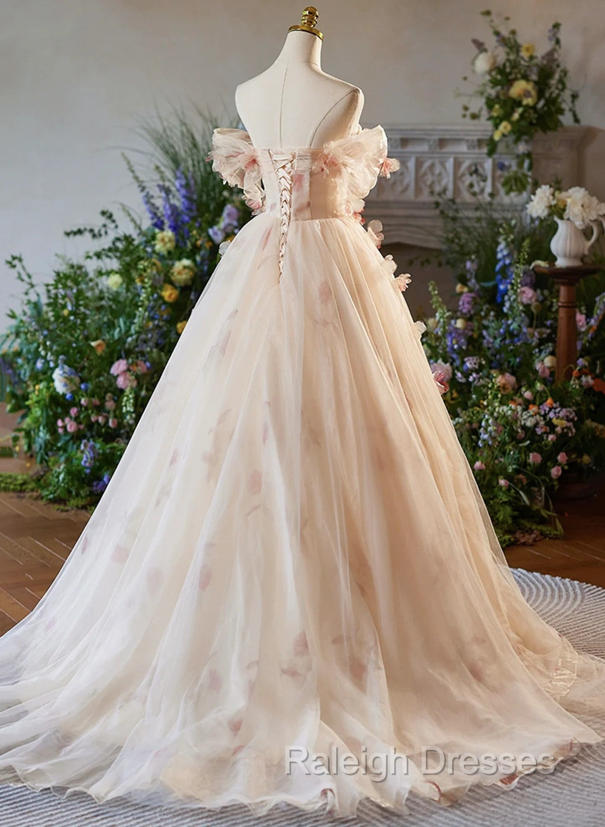 A Line Floral Champagne Tulle Long Prom Dress, Elegant A Line Formal Prom Dress