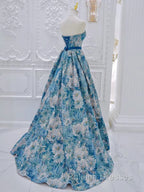A Line Flower Satin Blue Long Prom Dress, Blue Long Formal Dress