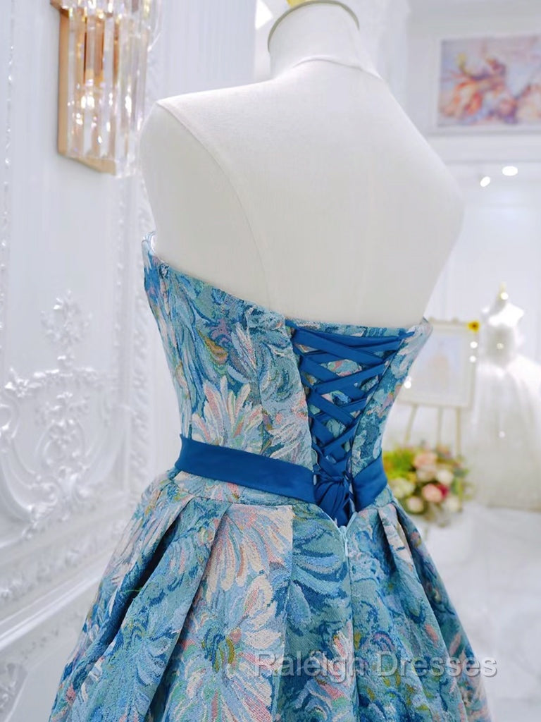 A Line Flower Satin Blue Long Prom Dress, Blue Long Formal Dress