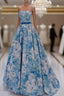 A-Line Flower Satin Blue Long Prom Dress, Blue Long Formal Dress