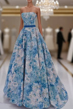 A Line Flower Satin Blue Long Prom Dress, Blue Long Formal Dress