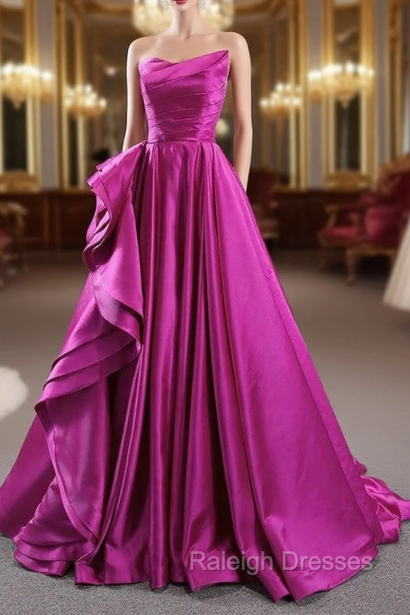 A Line Fuchsia Satin Strapless Pleats Prom Dress Main image