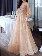 A-Line Glittering Elegant Engagement Formal Evening Dress High Neck Long Sleeve Floor Length Tulle With Sequin