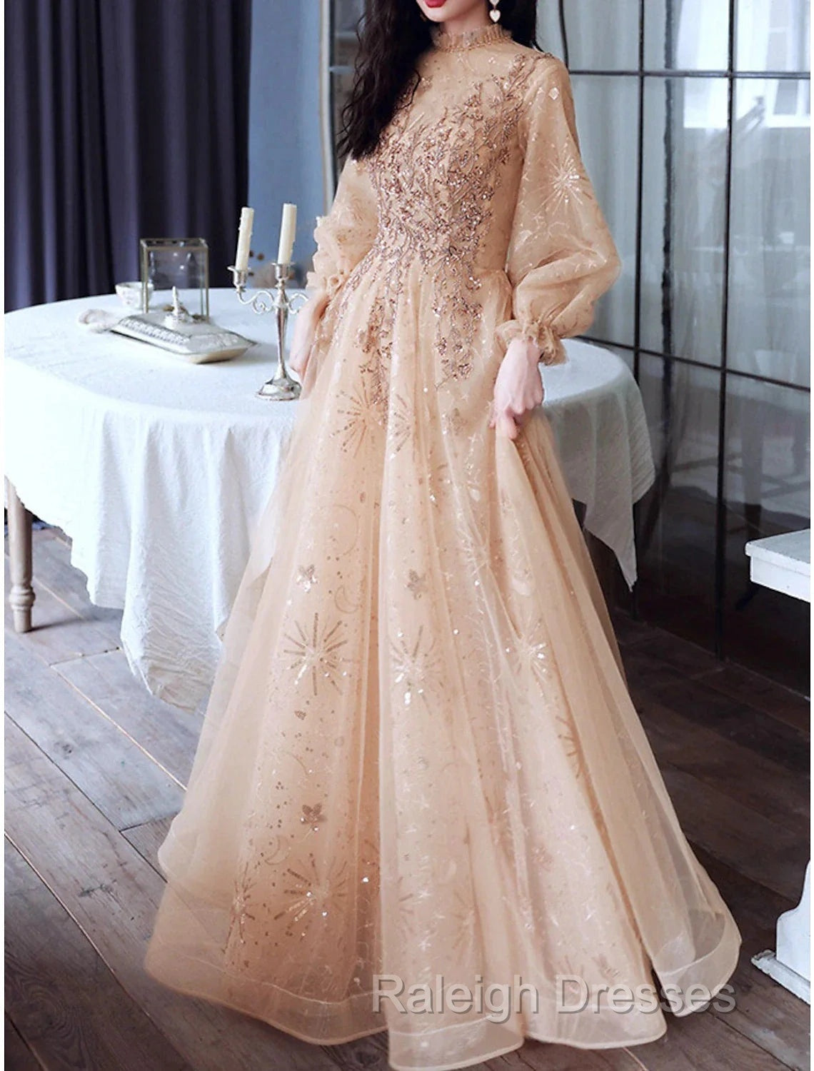 A-Line Glittering Elegant Engagement Formal Evening Dress High Neck Long Sleeve Floor Length Tulle With Sequin