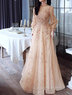 A-Line Glittering Elegant Engagement Formal Evening Dress High Neck Long Sleeve Floor Length Tulle With Sequin
