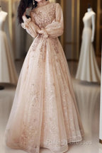 A-Line Glittering Elegant Engagement Formal Evening Dress High Neck Long Sleeve Floor Length Tulle With Sequin