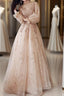 A-Line Glittering Elegant Engagement Formal Evening Dress High Neck Long Sleeve Floor Length Tulle With Sequin