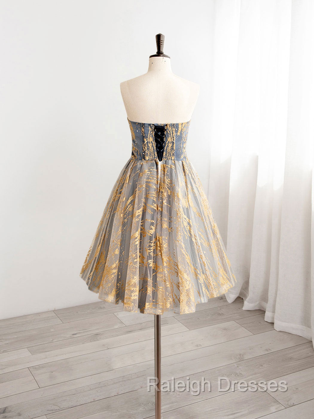 A-Line Gold/Blue Lace  Short Prom Dress, Cute Homecoming Dress with Beading Secondary image