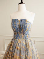 A Line Gold/Blue Lace Short Prom Dresses Cute Homecoming Dresses with Beading