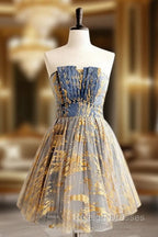 A-Line Gold/Blue Lace  Short Prom Dress, Cute Homecoming Dress with Beading